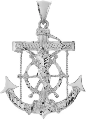 Fine 925 Sterling Silver Nautical Mariner's Crucifix Anchor Cross Pendant, 2.15"