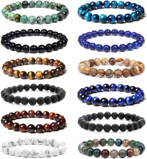 FIRAZIO 12Pcs 8mm Gemstones Beaded Stretch Bracelet for Women Crystal Stone Bracelets Round Beads Semi-Precious Stretch Bracelet Set Unisex