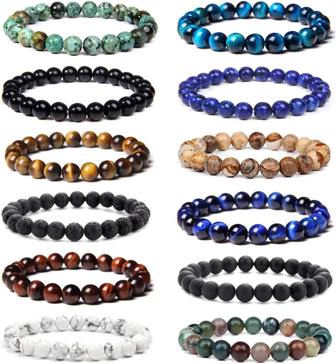 FIRAZIO 12Pcs 8mm Gemstones Beaded Stretch Bracelet for Women Crystal Stone Bracelets Round Beads Semi-Precious Stretch Bracelet Set Unisex