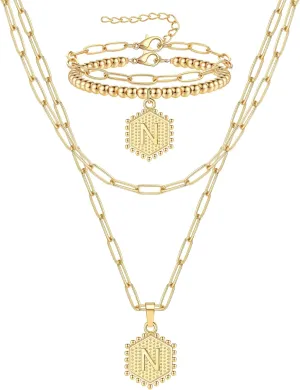 FIRAZIO Dainty Layered Initial Necklaces Bracelets Set for Women Trendy, Christmas Gifts for Women 14K Gold Plated Paperclip Chain Necklace Cute Letter Pendant Initial Choker Necklace Gold Layered Necklaces for Women
