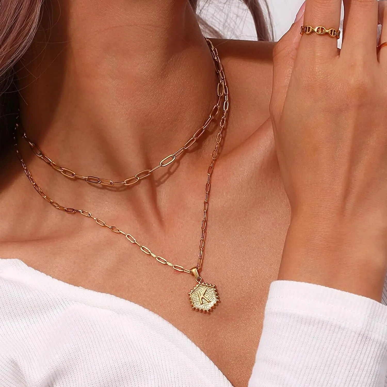 FIRAZIO Dainty Layered Initial Necklaces Bracelets Set for Women Trendy, Christmas Gifts for Women 14K Gold Plated Paperclip Chain Necklace Cute Letter Pendant Initial Choker Necklace Gold Layered Necklaces for Women