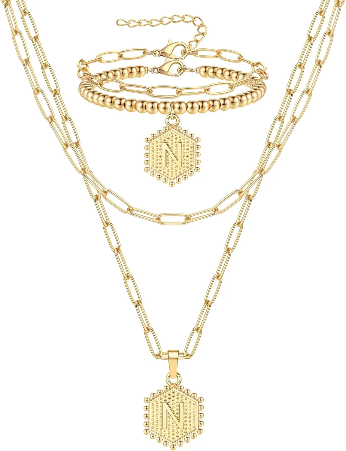 FIRAZIO Dainty Layered Initial Necklaces Bracelets Set for Women Trendy, Christmas Gifts for Women 14K Gold Plated Paperclip Chain Necklace Cute Letter Pendant Initial Choker Necklace Gold Layered Necklaces for Women