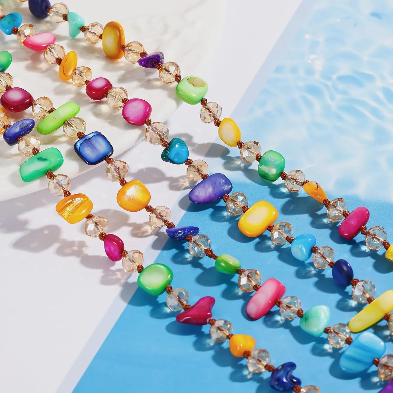 Firstmeet Long Knotted Shell Beaded Necklace Boho Glass Beads Handmade Necklace for Women