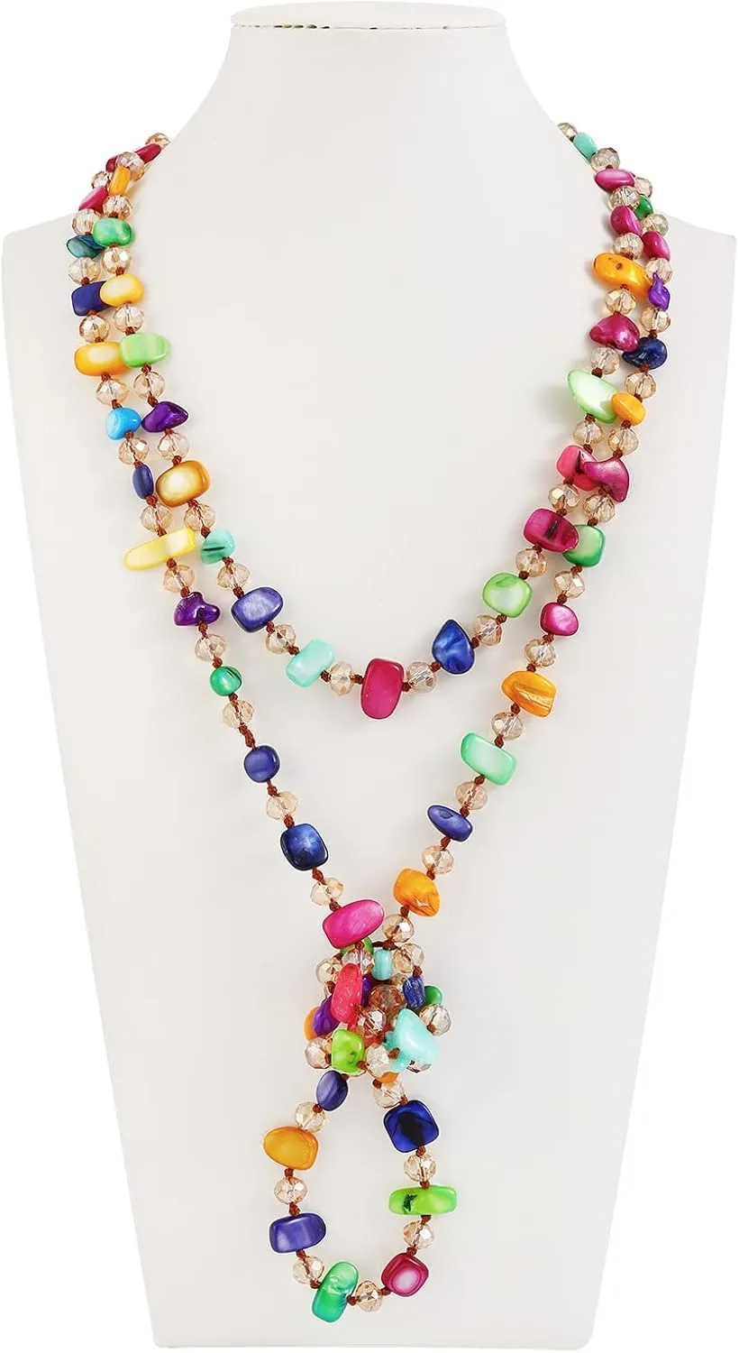 Firstmeet Long Knotted Shell Beaded Necklace Boho Glass Beads Handmade Necklace for Women