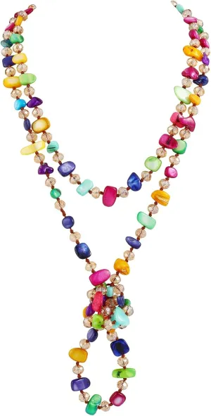 Firstmeet Long Knotted Shell Beaded Necklace Boho Glass Beads Handmade Necklace for Women