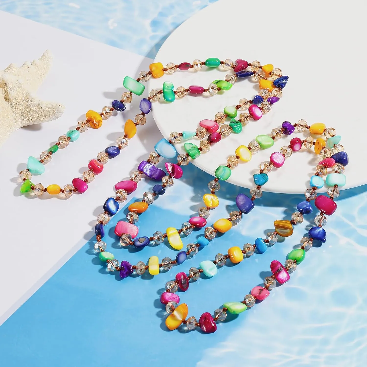 Firstmeet Long Knotted Shell Beaded Necklace Boho Glass Beads Handmade Necklace for Women