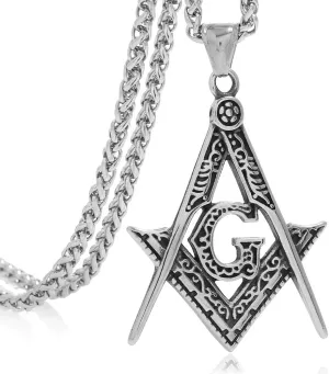 FIZIZDH Stainless Steel Freemason Masonic Pendant Necklace, Unisex, 24 inch Keel Link Chain