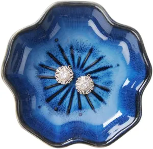Flower Jewelry Tray Elegant Home Decoration. Ring Holder Dish for Newlywed, Girls Trinket Tray. Small Key Bowl, Sauce Bowl for Kitchen. Ceramic, Blue.