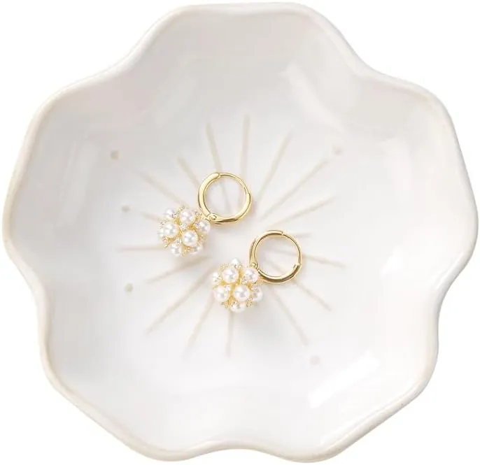 Flower Jewelry Tray Elegant Home Decoration. Ring Holder Dish for Newlywed, Girls Trinket Tray. Small Key Bowl, Sauce Bowl for Kitchen. Ceramic, White.