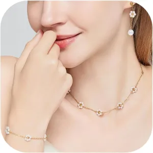 Flower Pearl Necklace Jewelry Set for Women Teens Cute Daisy Pearl Necklace Bracelet Earrings Hypoallergenic Dainty Stainless Steel Summer Floral Jewelry Set Gift