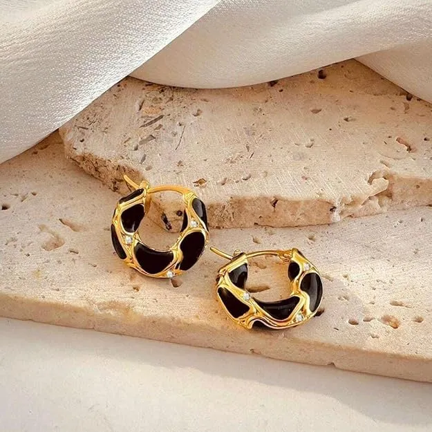 French Black Enamel Hoop Earrings