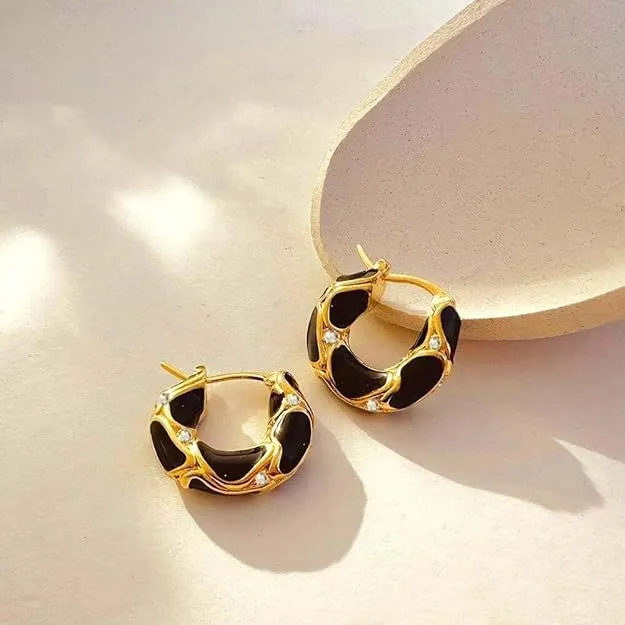 French Black Enamel Hoop Earrings