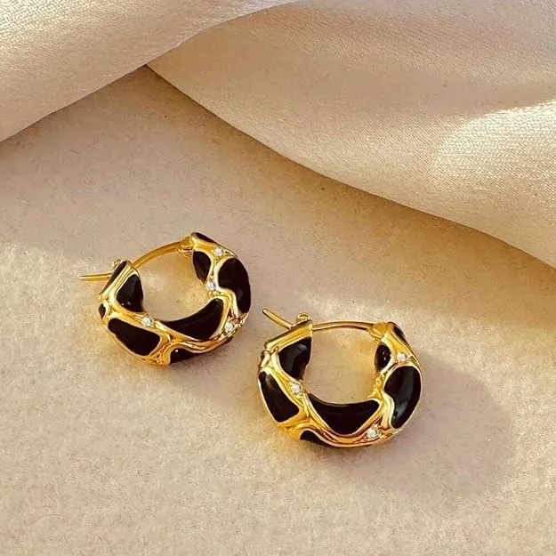 French Black Enamel Hoop Earrings