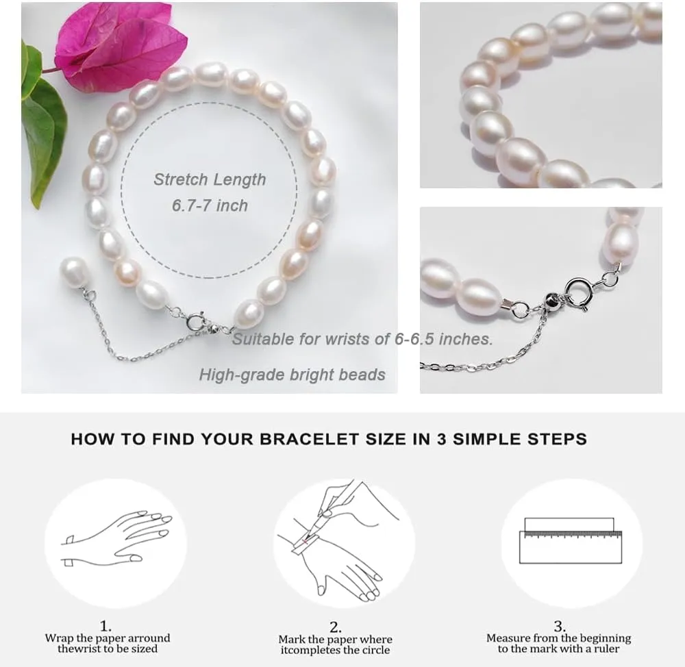 Freshwater Pearl Bracelet for Women AAA  Quality- Exquisite and Elegant 6-8 mm White Beads Silver Pearl BraceletS925 Silver Adjustable Buckle Ladies' Holiday Gifts