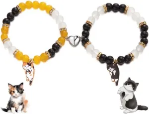 Fuqimanman2020 2 Pcs Cat Bracelet Cute Cat Kawaii Kitten Bead Bracelet Couple Matching Animal Charm Bracelets BFF Friendship Bracelet