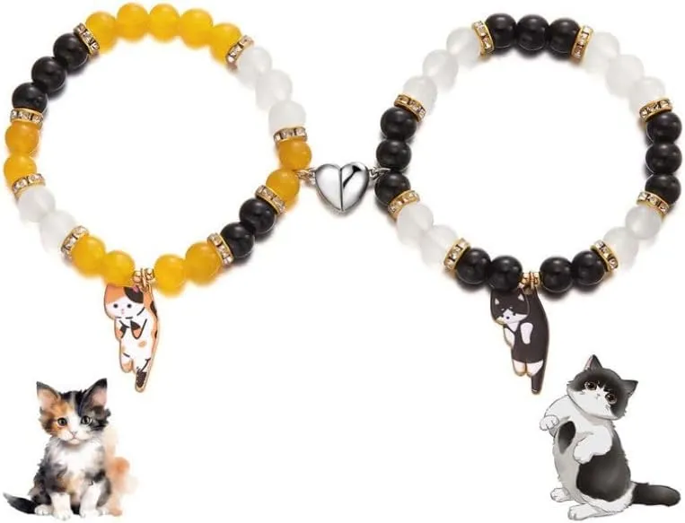 Fuqimanman2020 2 Pcs Cat Bracelet Cute Cat Kawaii Kitten Bead Bracelet Couple Matching Animal Charm Bracelets BFF Friendship Bracelet