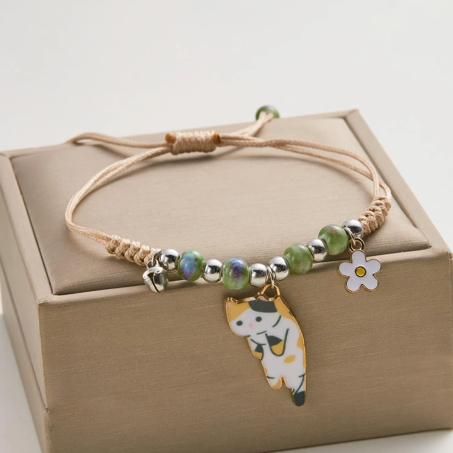 Fuqimanman2020 Cute Cat Bracelet Kawaii Kitten String Rope Chain Braided Bracelet with Flower - Adjustable Cat Lover Jewelry