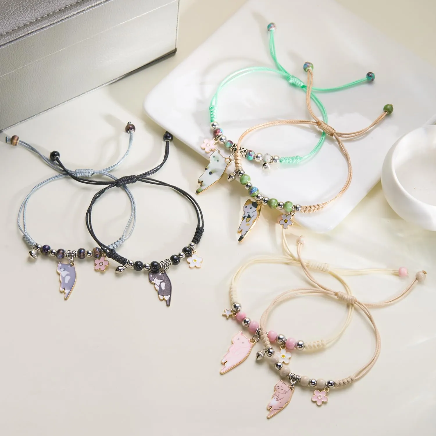 Fuqimanman2020 Cute Cat Bracelet Kawaii Kitten String Rope Chain Braided Bracelet with Flower - Adjustable Cat Lover Jewelry
