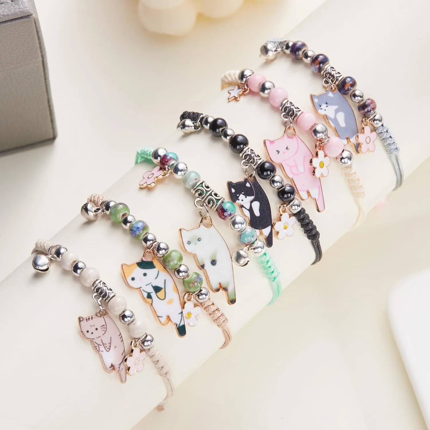 Fuqimanman2020 Cute Cat Bracelet Kawaii Kitten String Rope Chain Braided Bracelet with Flower - Adjustable Cat Lover Jewelry