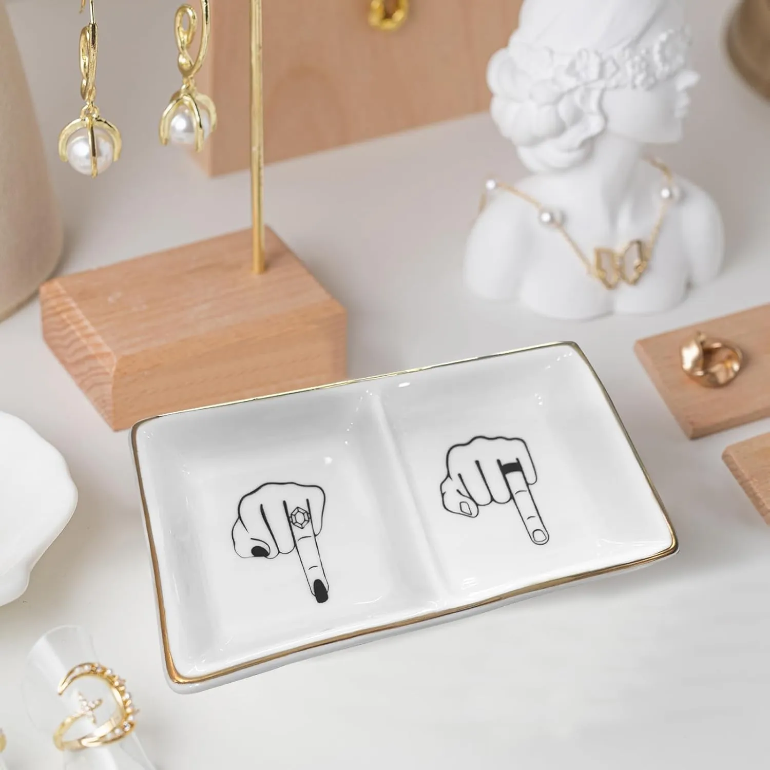 Future Mr. & Mrs. Hand Ring Holder Jewelry Dish - Elegant Finger Ceramic Ring Holder for Engagement, Wedding, and Bridal Shower Gifts - Honeymoon Keepsake Newlyweds, and Bride-to-Be
