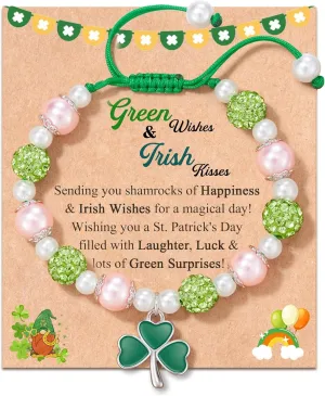FYUKISS St Patricks Day Earrings/Bracelets for Women Girls with Design Cards, Irish Green Clover Earrings, Clover Charm Beaded Bracelet for St Patricks Day Gift Festive Costume Party Accessory