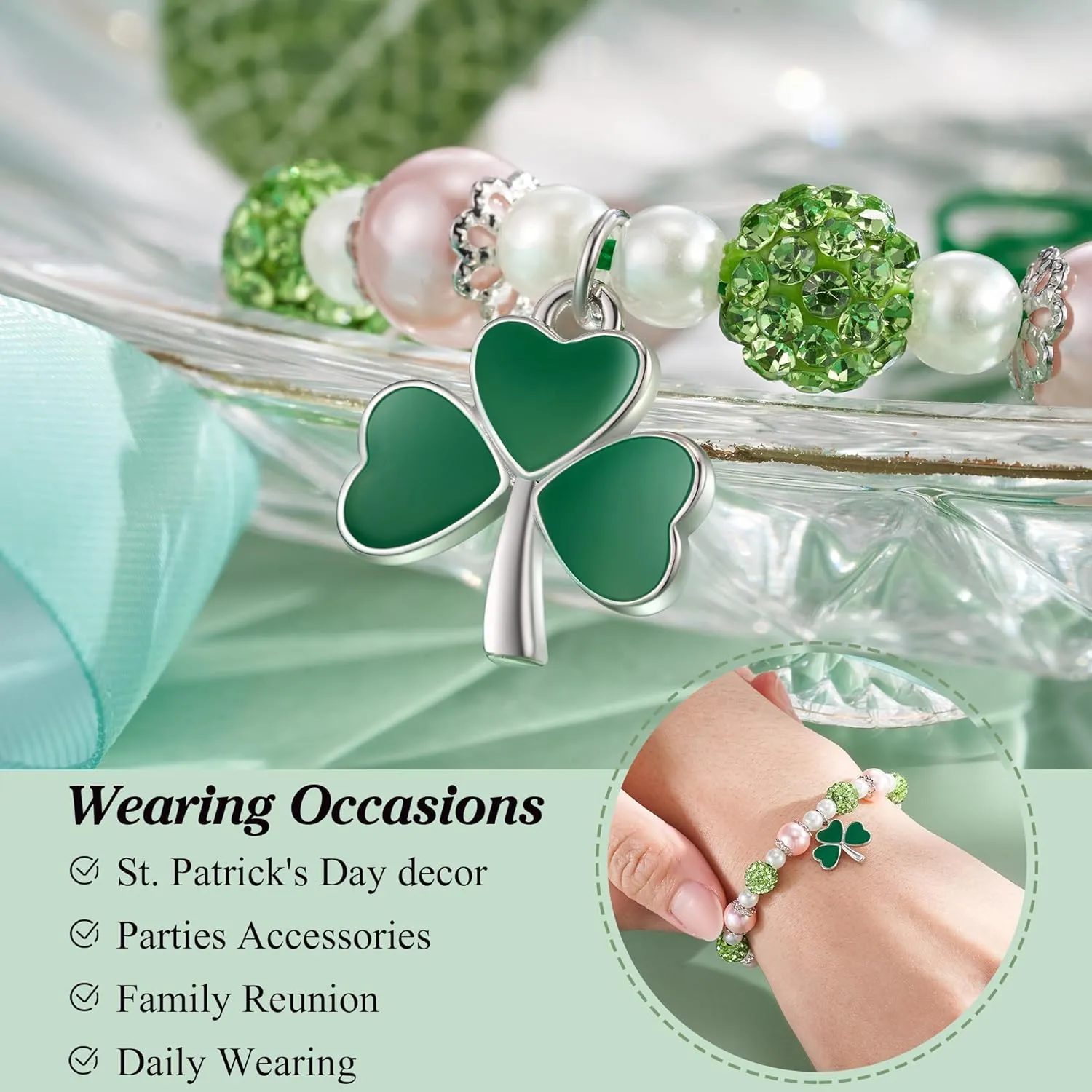 FYUKISS St Patricks Day Earrings/Bracelets for Women Girls with Design Cards, Irish Green Clover Earrings, Clover Charm Beaded Bracelet for St Patricks Day Gift Festive Costume Party Accessory