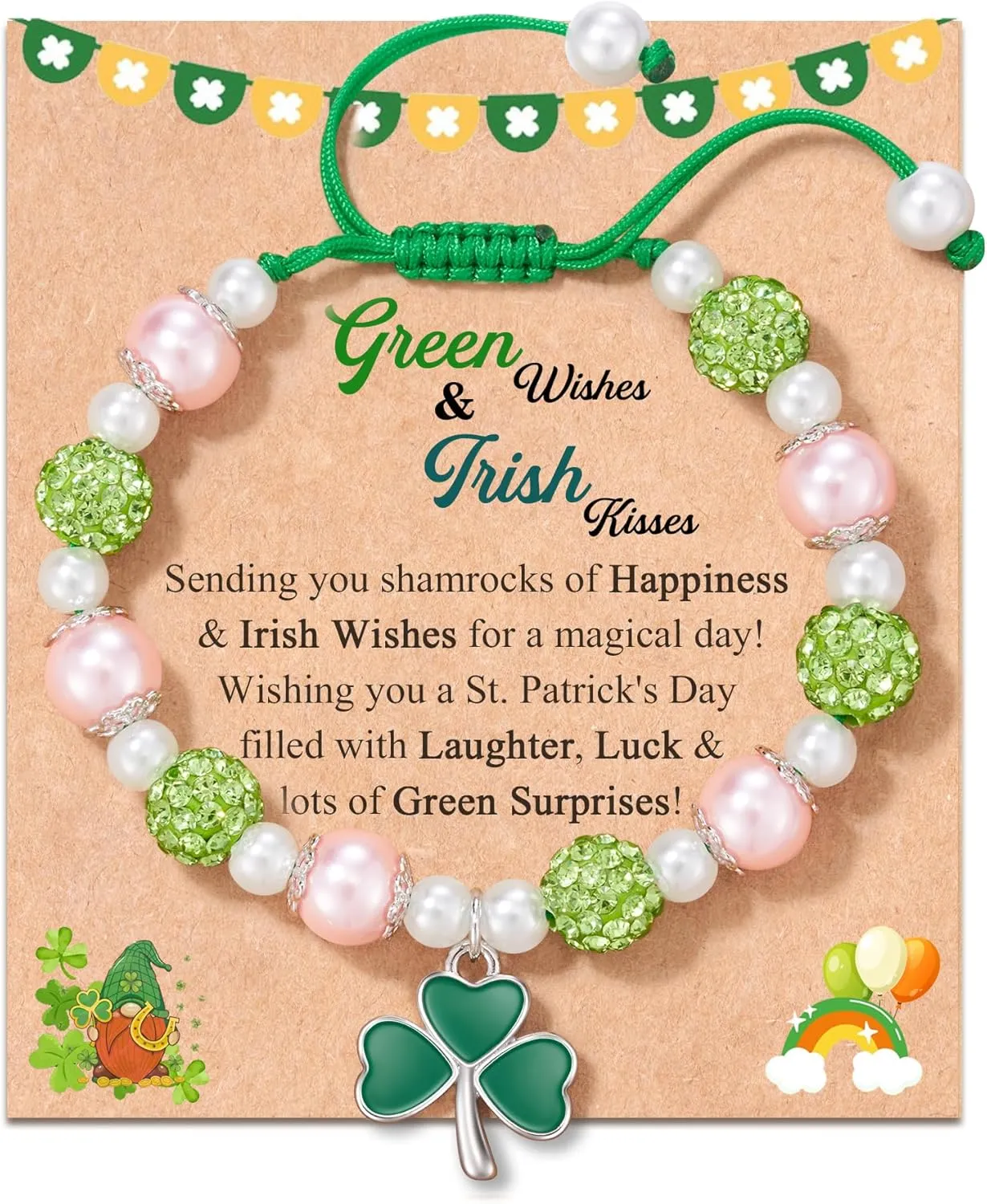FYUKISS St Patricks Day Earrings/Bracelets for Women Girls with Design Cards, Irish Green Clover Earrings, Clover Charm Beaded Bracelet for St Patricks Day Gift Festive Costume Party Accessory