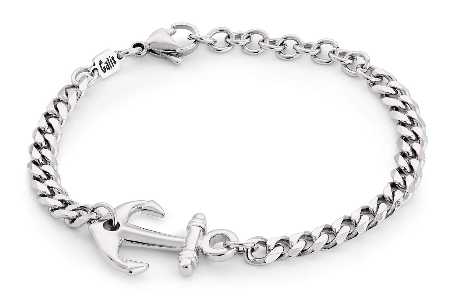 Galis Mens Bracelet with Stainless Steel Anchor Pendant, Silver Plated Chain Non Tarnish Bracelets for Men, Stylish Birthday Gift For Boys, Trendy Jewelry with Lobster Claw Clasp Men 7"