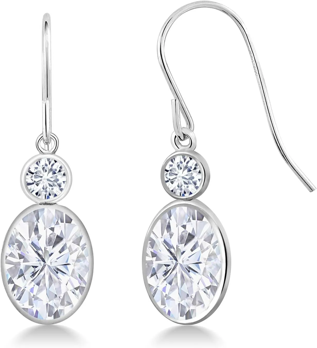 Gem Stone King 14K White Gold White Moissanite and White Lab Grown Diamond Hook French Fish Ear Wire Dangle Earrings For Women (3.20 Cttw, Gemstone, Oval 8X6MM, Round 3MM)