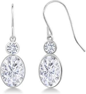 Gem Stone King 14K White Gold White Moissanite and White Lab Grown Diamond Hook French Fish Ear Wire Dangle Earrings For Women (3.20 Cttw, Gemstone, Oval 8X6MM, Round 3MM)