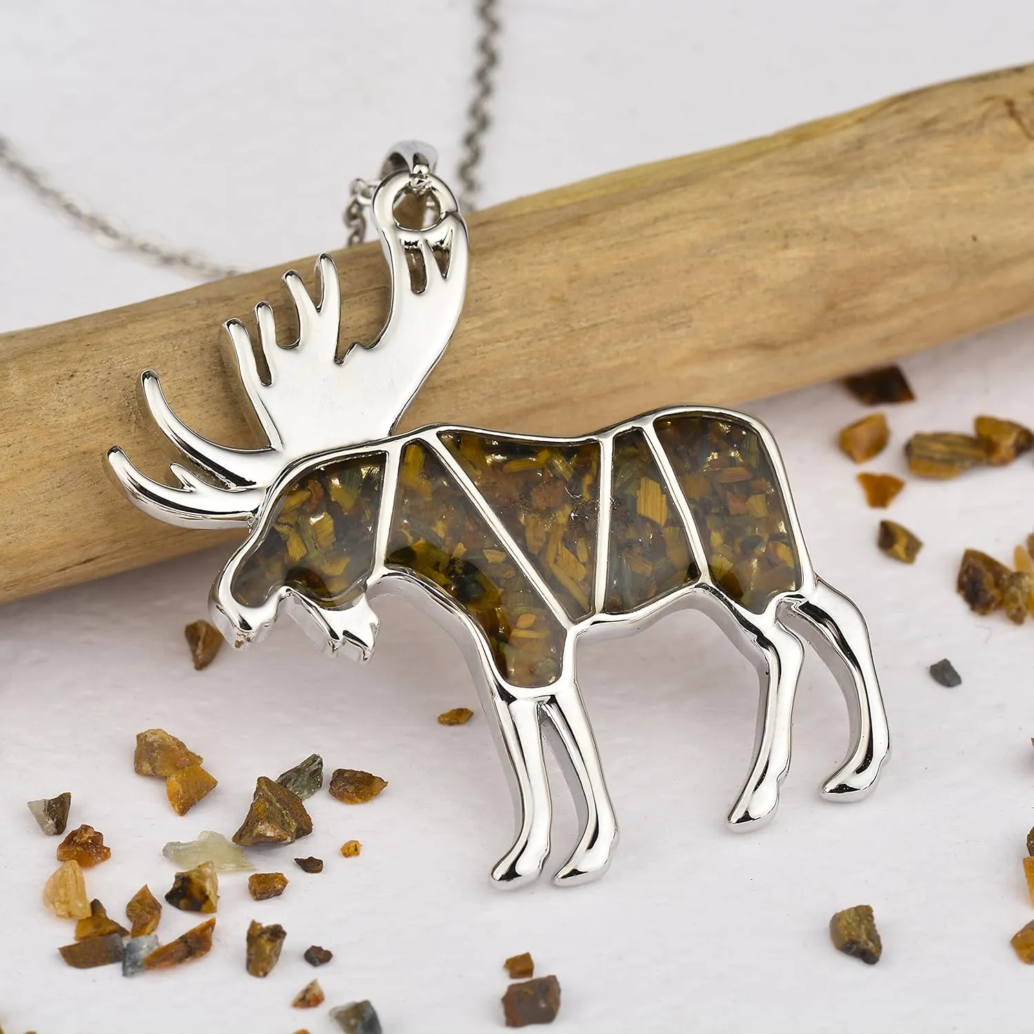 Gemstone Animal Necklace Turquoise Tiger's Eye Tumbled Chips Animal Pendant Necklace Bear Moose Goat Deer Elk Necklace Wildlife Nature Jewelry Gift for Women Men