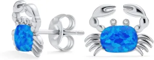 Gemstone Pink Blue White Tropical Vacation Nautical Created Opal Beach Lobster Claw Crab Stud Earrings Pendant For Women .925 Sterling Silver October Birthstone