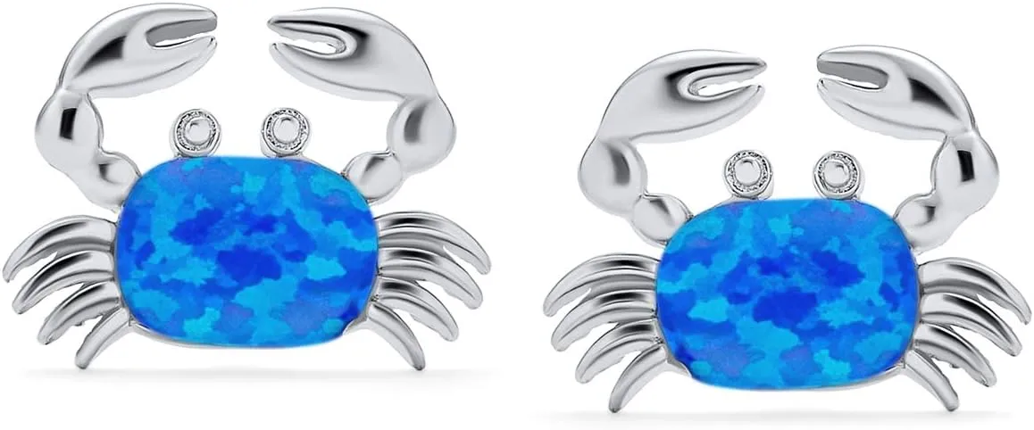 Gemstone Pink Blue White Tropical Vacation Nautical Created Opal Beach Lobster Claw Crab Stud Earrings Pendant For Women .925 Sterling Silver October Birthstone