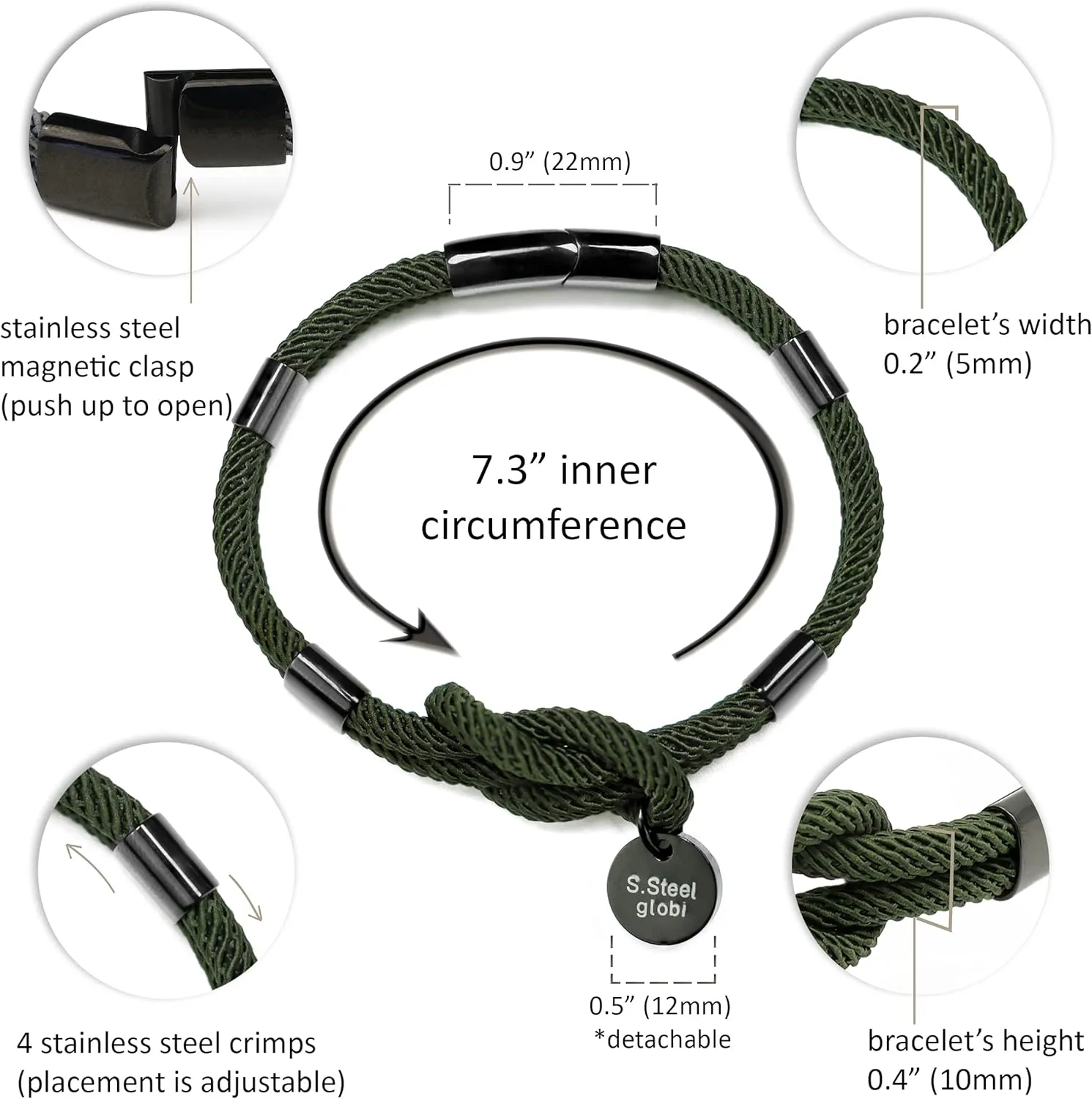 globi Paracord Braided Rope Bracelet for Men Women | Lightweight Nautical Unisex Cuff Bracelet with Stainless Steel Magnetic Clasp