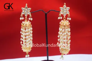 Gold Colored Kundan Pearl Studded Dangler Earrings