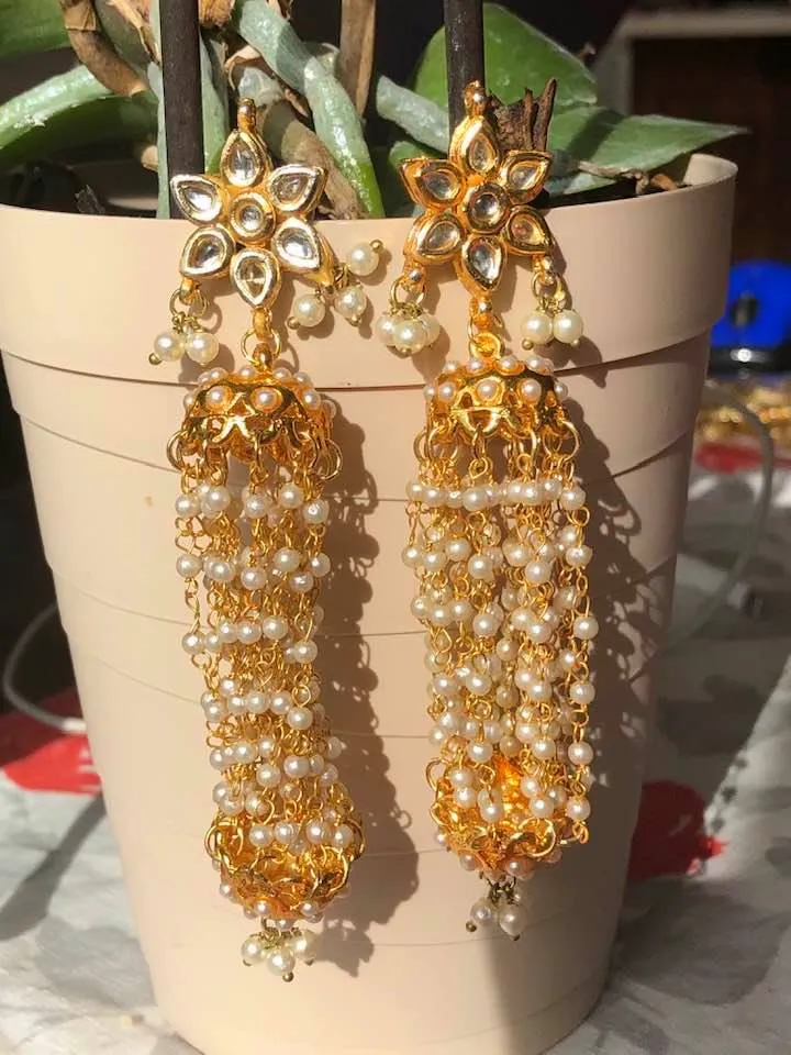Gold Colored Kundan Pearl Studded Dangler Earrings