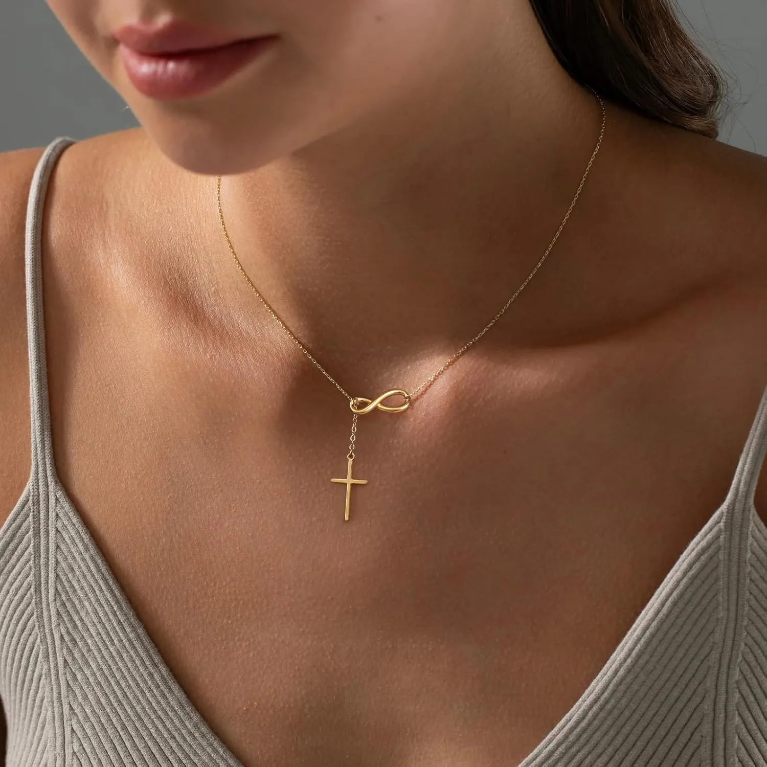 Gold Cross Necklace for Women - Dainty Gold Necklaces Trendy Small 14K Gold Plated Hypoallergenic Infinity Crown Cross Cubic Zirconia Pendant Box Rope Chain Necklace for Women Non Tarnish Jewelry Gift
