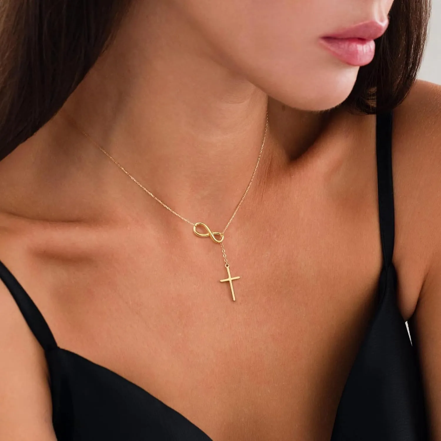 Gold Cross Necklace for Women - Dainty Gold Necklaces Trendy Small 14K Gold Plated Hypoallergenic Infinity Crown Cross Cubic Zirconia Pendant Box Rope Chain Necklace for Women Non Tarnish Jewelry Gift