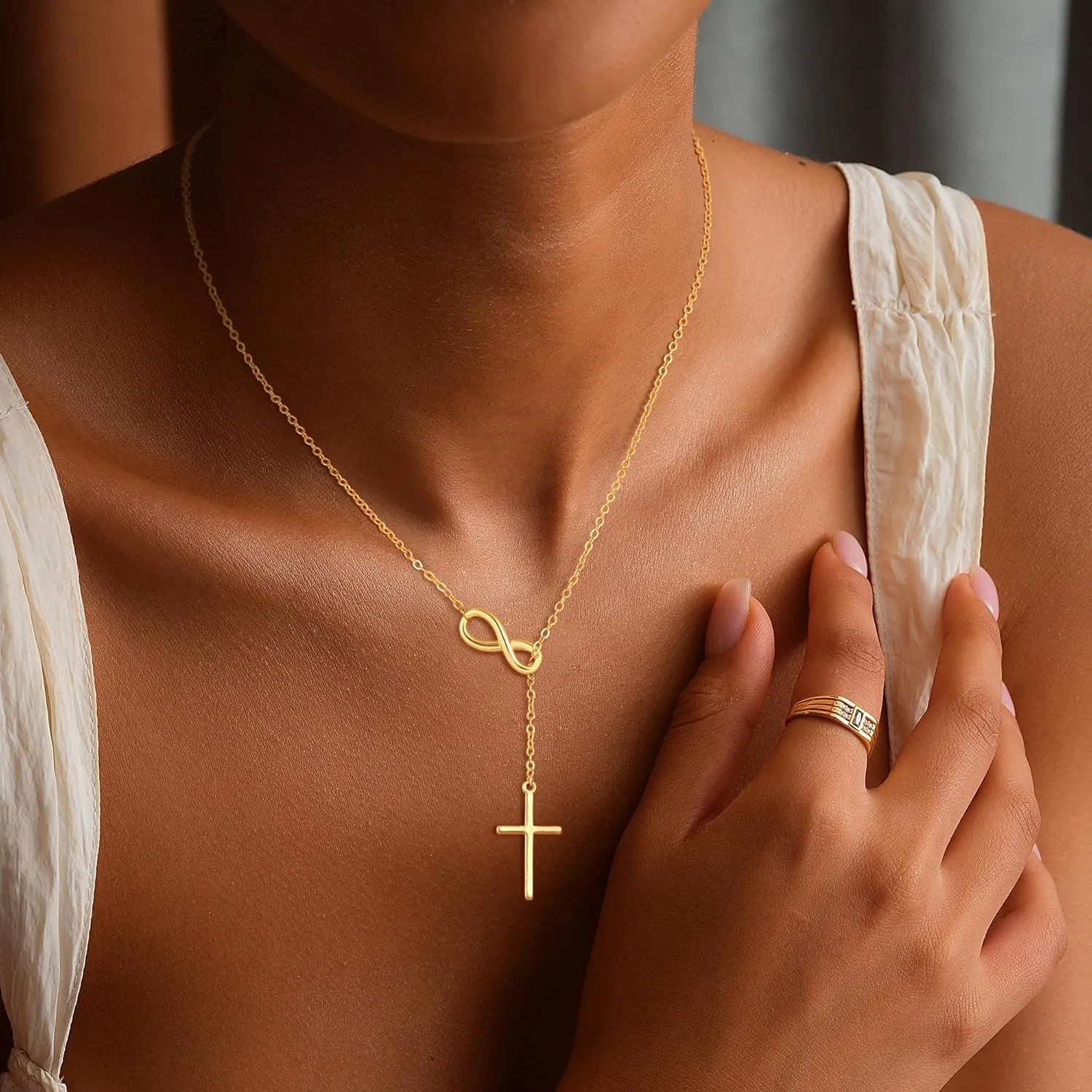 Gold Cross Necklace for Women - Dainty Gold Necklaces Trendy Small 14K Gold Plated Hypoallergenic Infinity Crown Cross Cubic Zirconia Pendant Box Rope Chain Necklace for Women Non Tarnish Jewelry Gift