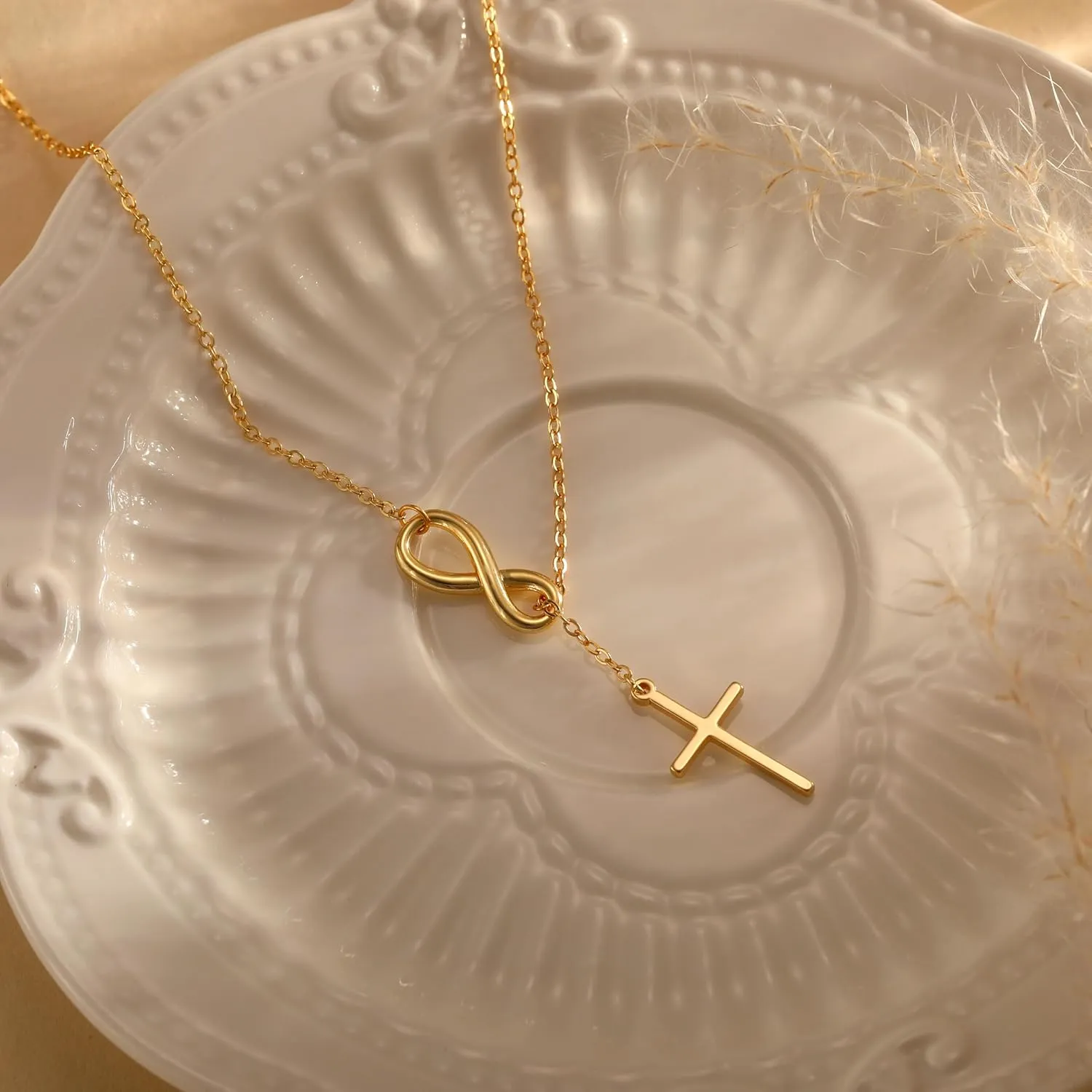 Gold Cross Necklace for Women - Dainty Gold Necklaces Trendy Small 14K Gold Plated Hypoallergenic Infinity Crown Cross Cubic Zirconia Pendant Box Rope Chain Necklace for Women Non Tarnish Jewelry Gift
