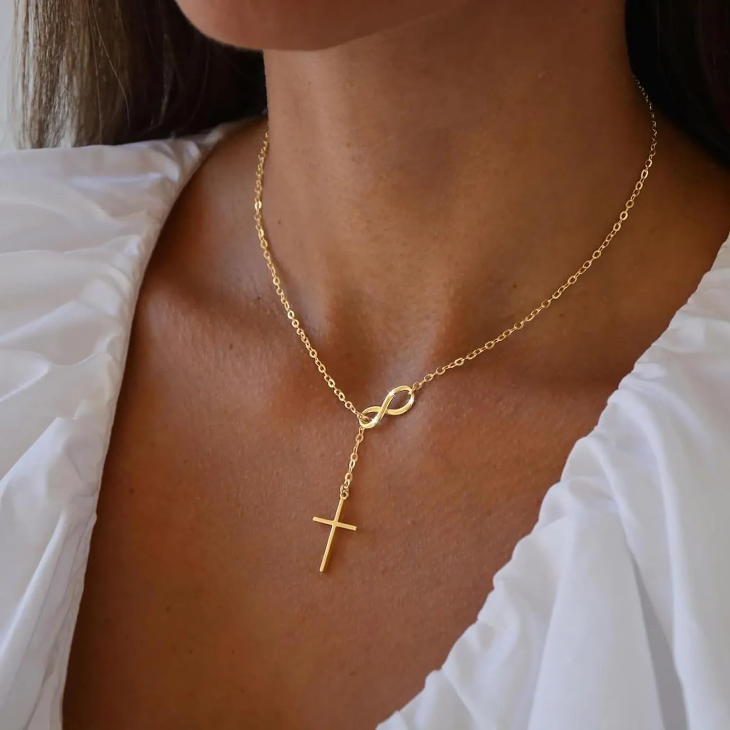 Gold Cross Necklace for Women - Dainty Gold Necklaces Trendy Small 14K Gold Plated Hypoallergenic Infinity Crown Cross Cubic Zirconia Pendant Box Rope Chain Necklace for Women Non Tarnish Jewelry Gift