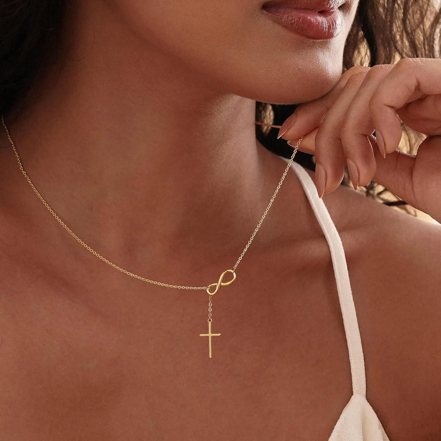 Gold Cross Necklace for Women - Dainty Gold Necklaces Trendy Small 14K Gold Plated Hypoallergenic Infinity Crown Cross Cubic Zirconia Pendant Box Rope Chain Necklace for Women Non Tarnish Jewelry Gift
