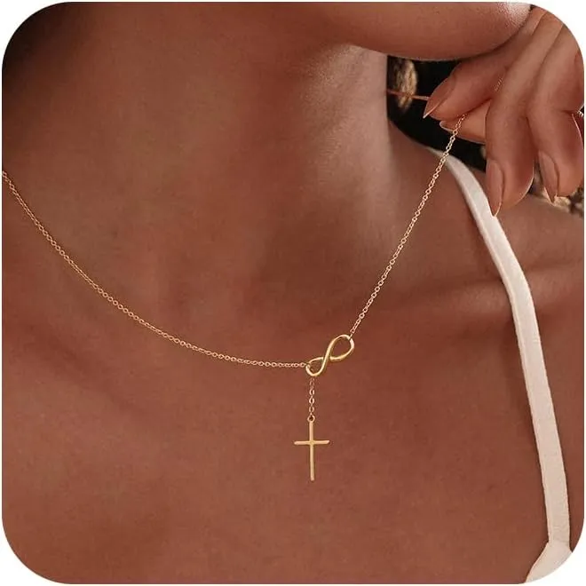 Gold Cross Necklace for Women - Dainty Gold Necklaces Trendy Small 14K Gold Plated Hypoallergenic Infinity Crown Cross Cubic Zirconia Pendant Box Rope Chain Necklace for Women Non Tarnish Jewelry Gift