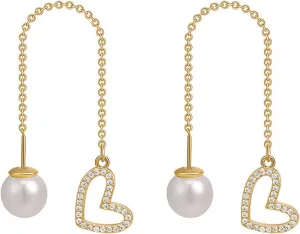 Gold Long Pearl Earrings Statement Pearl Heart-shaped Drop Earrings 925 Sterling Silver Simulated Pearl Handmade Fringe Dangle Earrings for Women Girls Wedding Party