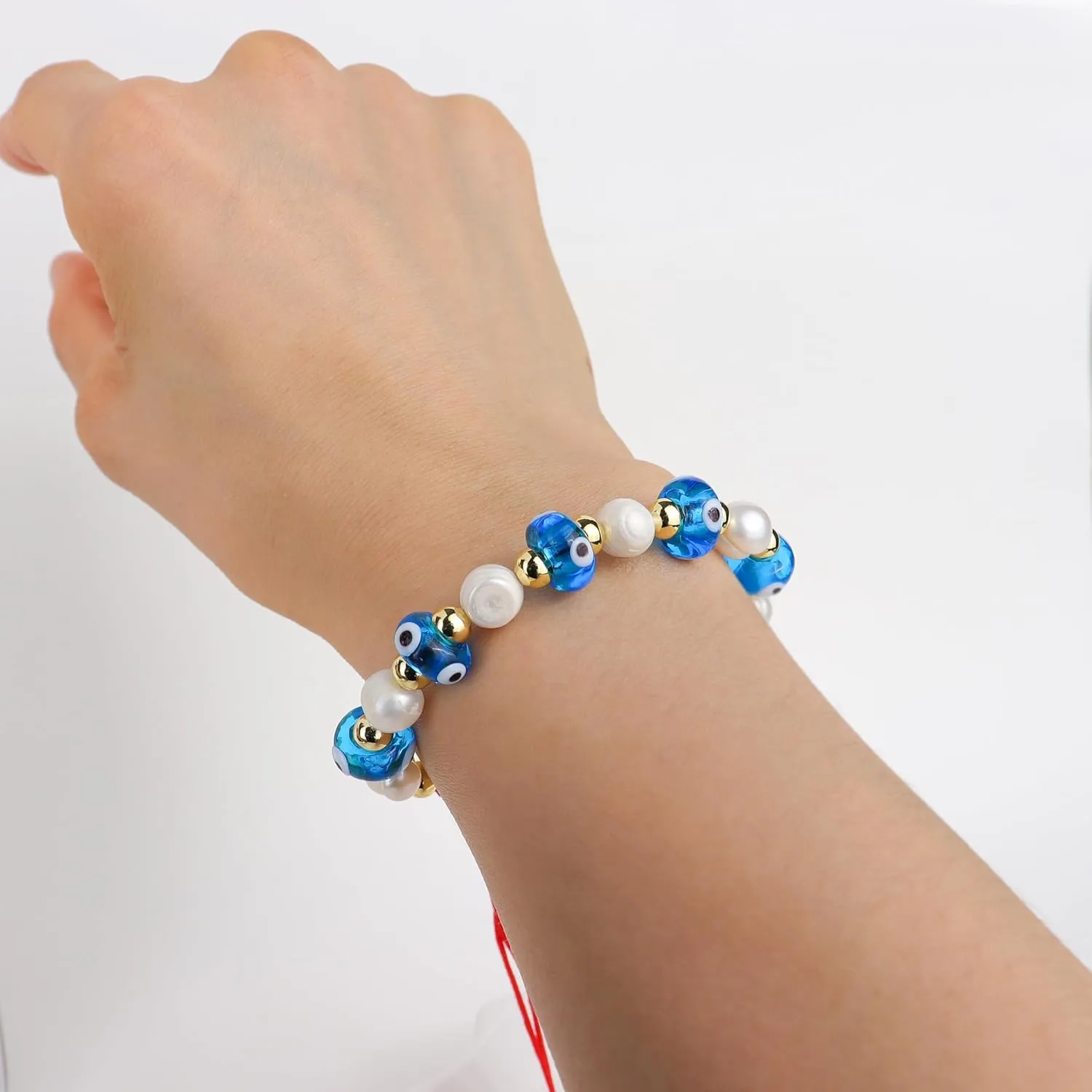 Gold Pearl Evil Eye Beaded Adjustable Bracelets for Women, Handmade Boho Freshwater Pearls Beads Red Rope Braided Bracelet Fashion Friendship Beach Jewelry Gift