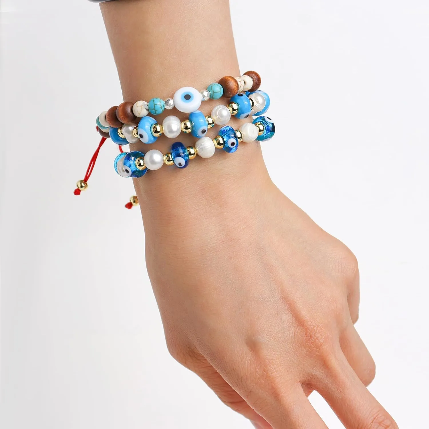 Gold Pearl Evil Eye Beaded Adjustable Bracelets for Women, Handmade Boho Freshwater Pearls Beads Red Rope Braided Bracelet Fashion Friendship Beach Jewelry Gift