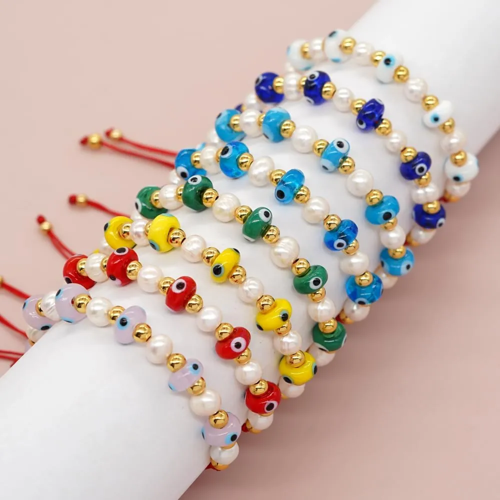 Gold Pearl Evil Eye Beaded Adjustable Bracelets for Women, Handmade Boho Freshwater Pearls Beads Red Rope Braided Bracelet Fashion Friendship Beach Jewelry Gift