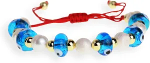 Gold Pearl Evil Eye Beaded Adjustable Bracelets for Women, Handmade Boho Freshwater Pearls Beads Red Rope Braided Bracelet Fashion Friendship Beach Jewelry Gift