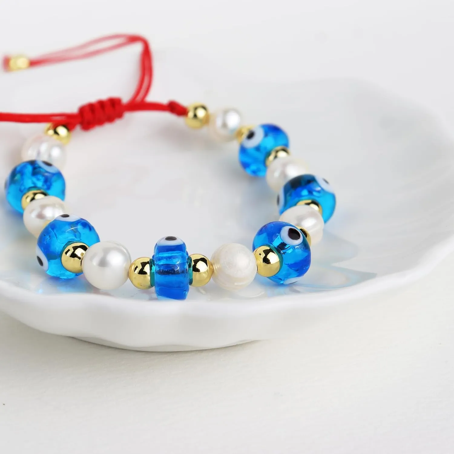 Gold Pearl Evil Eye Beaded Adjustable Bracelets for Women, Handmade Boho Freshwater Pearls Beads Red Rope Braided Bracelet Fashion Friendship Beach Jewelry Gift