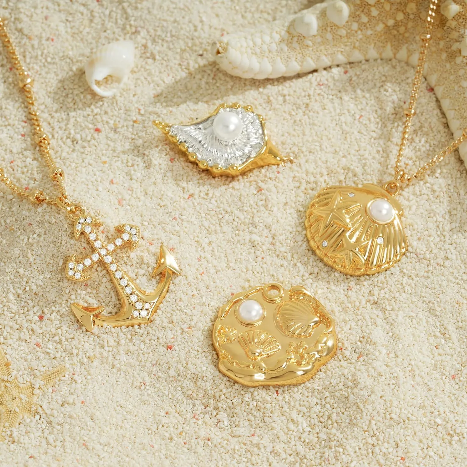 Gold Pendant Necklace for Women 14K Gold Plated Cubic Zirconia Simulated Pearl Ocean Starfish Seashell Charm Necklace Handmade Gold Jewelry Gifts